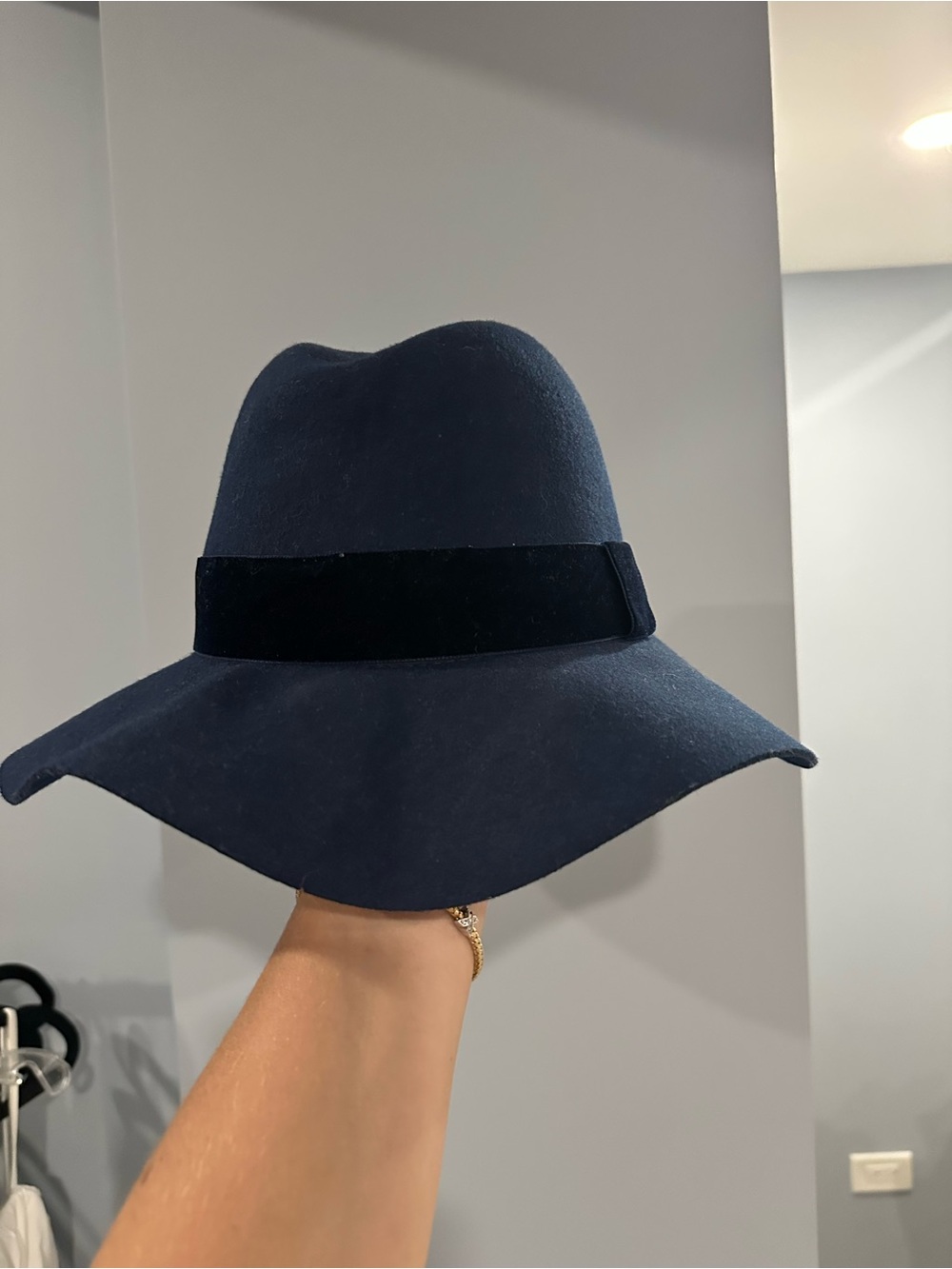 Barneys New York Navy Felt Wide-Brim Fedora with Velvet Band